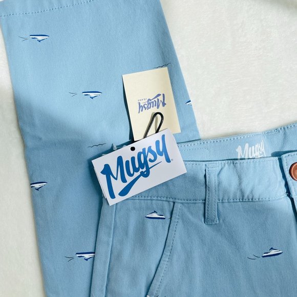 Mugsy Mens Waverunner Chino Pants 31x30 GOOD VIBES Light Blue Stretchy Jet Ski - Picture 5 of 9